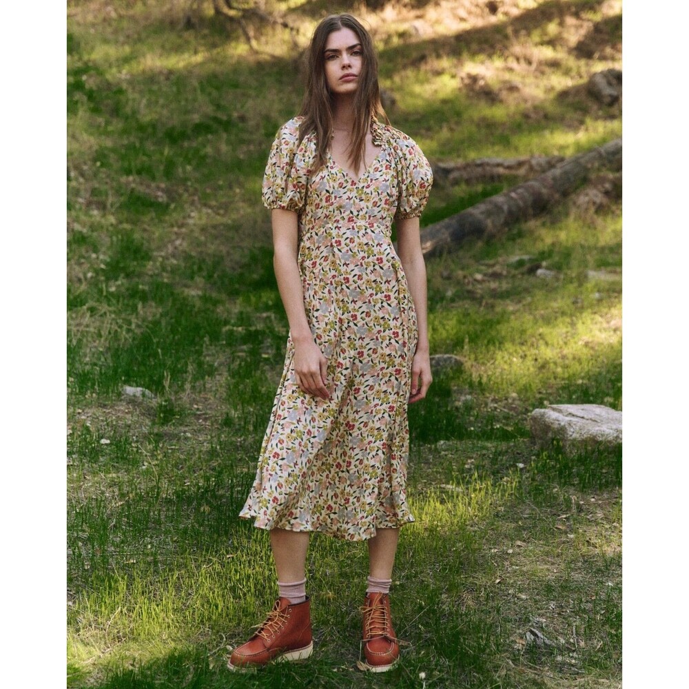 The Great Hyacinth Midi Dress Floral Printed Swing Ruffle Silk S-1 NEW 279876